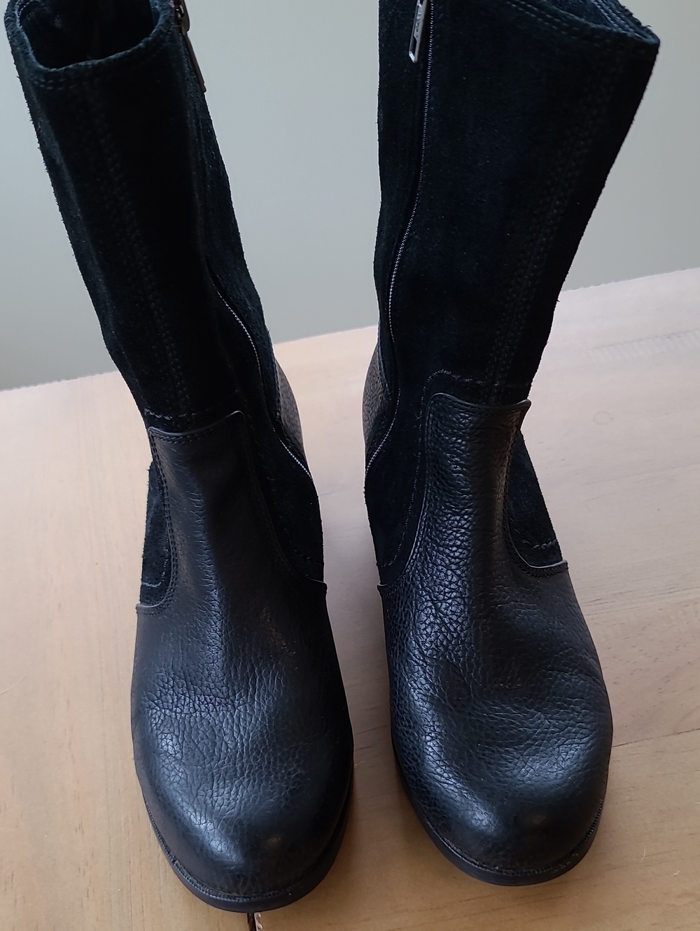 UGG Black Leather and Suede Mid-Calf Heeled Boots